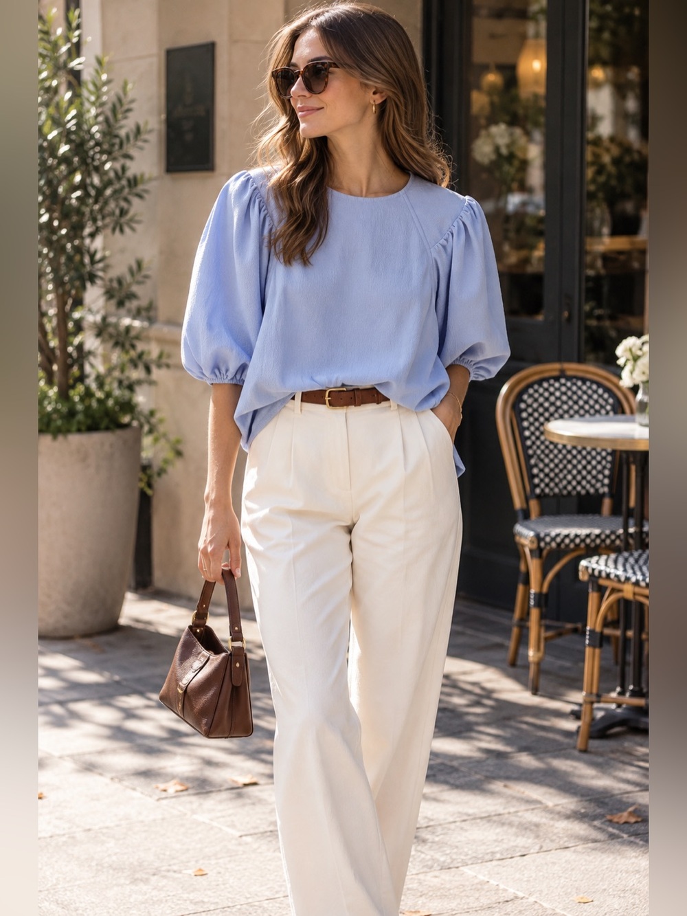 GANNI Light Blue Puff Sleeve Crepe Blouse Size 38 US 6